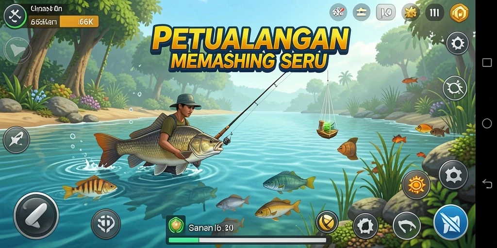Gameplay 66K yang menampilkan petualangan memancing seru dan interaktif.