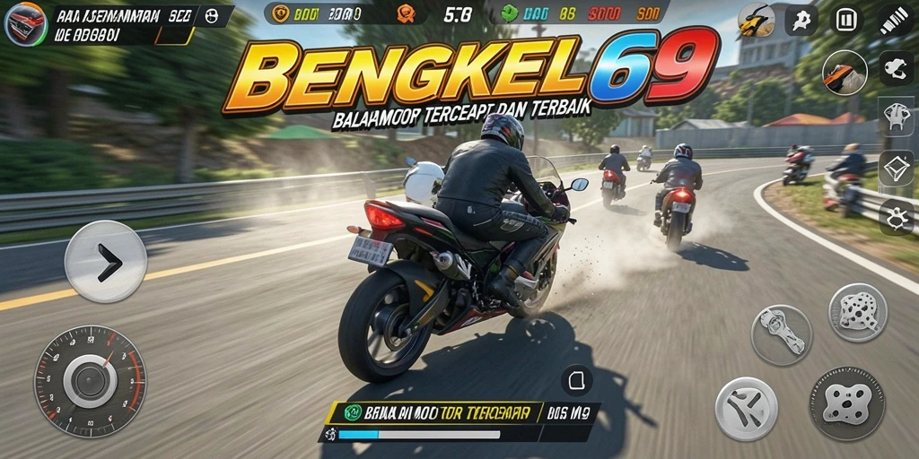 Tampilan gameplay seru di BENGKEL69 dengan banyak aksi balapan motor.