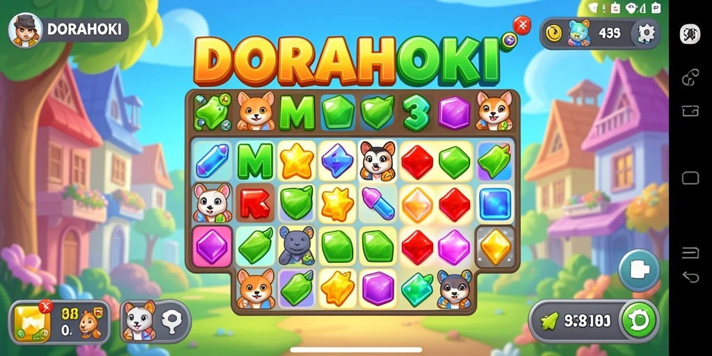 Tampilan gameplay menarik dari DORAHOKI dengan level Match-3 yang menantang.