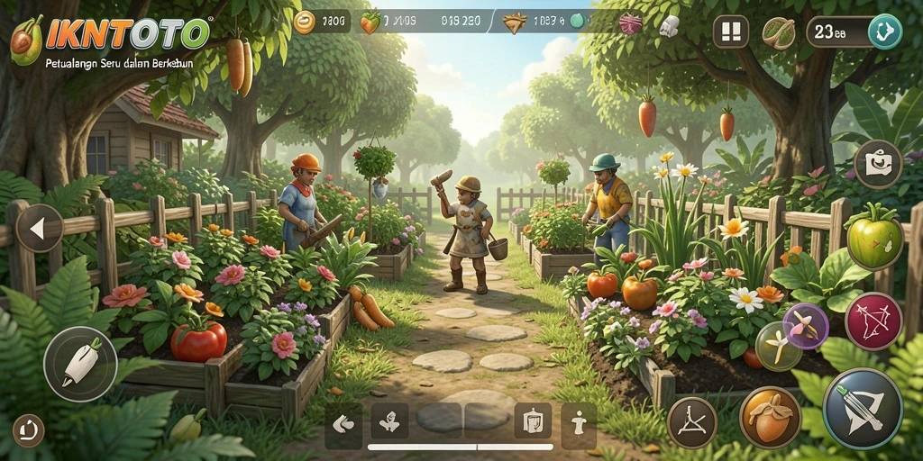 Screenshot gameplay <strong>IKNTOTO</strong> dengan berbagai tanaman dan lahan pertanian yang indah.