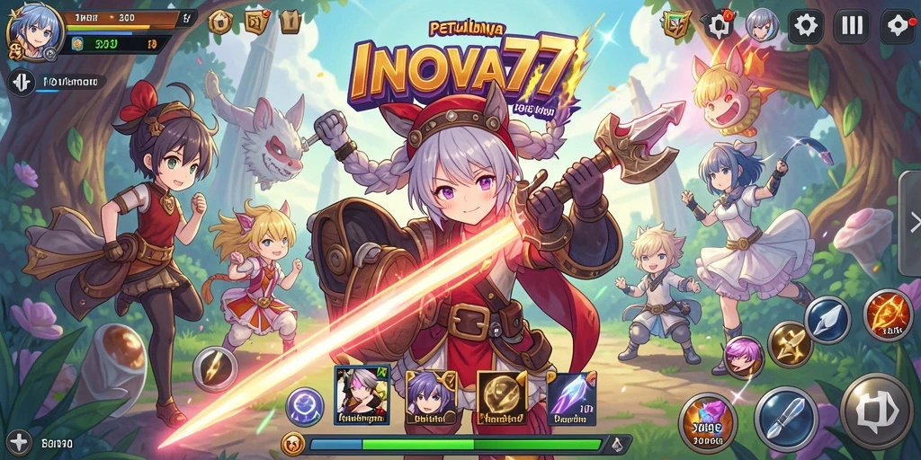 Screenshot gameplay INOVA77 menampilkan pertarungan anime yang seru dan karakter yang atraktif.