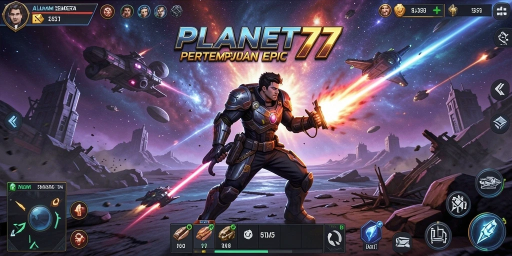 Tangkapan layar utama <strong>PLANET77</strong> menampilkan aksi pertempuran yang mendebarkan.