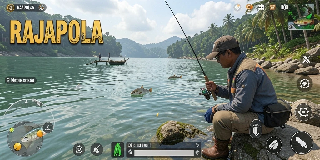 Screenshot RAJAPOLA yang menampilkan gameplay memancing yang seru.