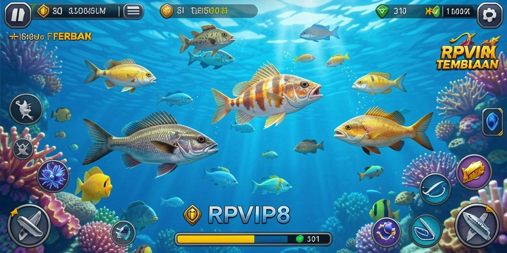 Screenshot gameplay RPVIP8 saat menangkap ikan besar.